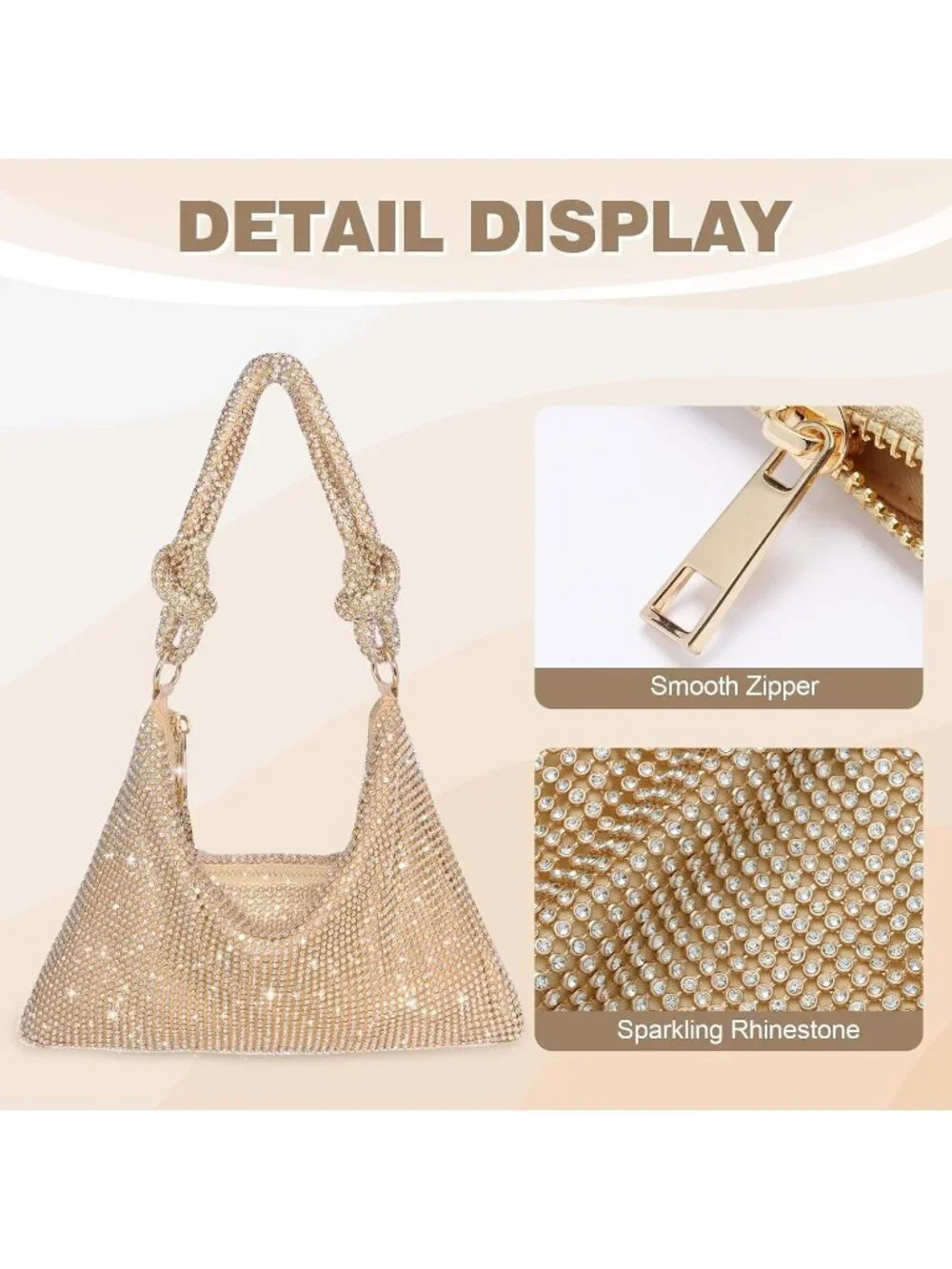 Women's Gold Rhinestone Evening Sparkly Crystal Slouchy Shoulder Clutch Purse